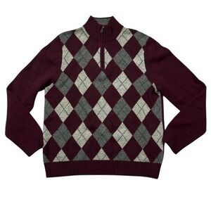 Brooks Brothers Men's Argyle‎ Lambswool Quarter-Zip Sweater Maroon Size M